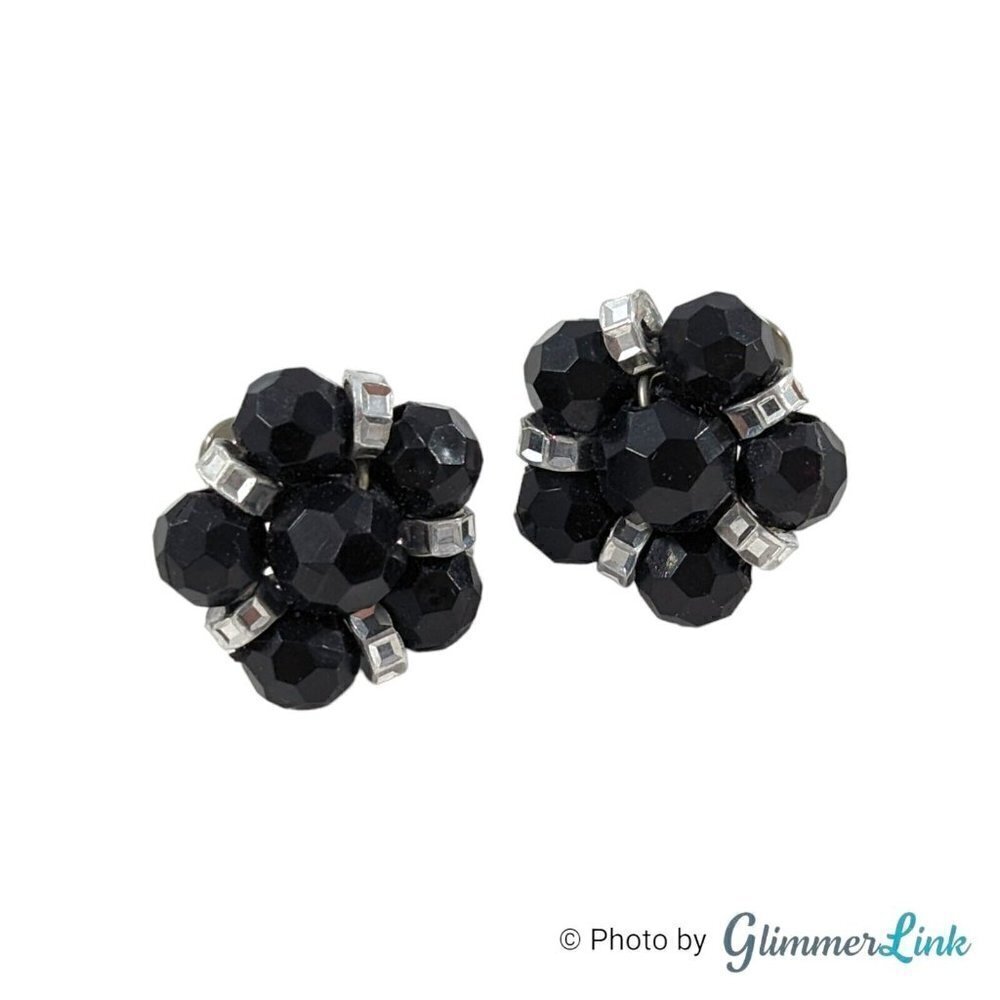 Vintage Black Beaded Plastic Cluster Silver Tone Screw Back Earrings